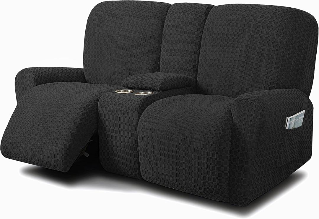ULTICOR Reclining Love Seat with Middle Console Slipcover, 8-Piece Jacquared Stretch Loveseat Reclining Sofa Covers, 2 seat Loveseat Recliner Cover, Thick, Soft, Washable, (Style 2) (Black)