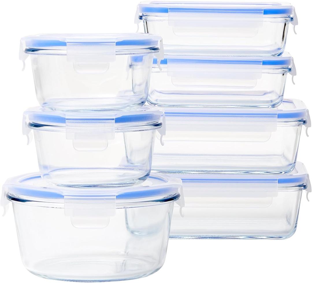 Amazon Basics Leak-Proof Glass Locking Lids Food Storage Containers, 14-Piece Set, 7 Count of Bases and 7 Plastic Lids, Clear, Blue, BPA Free