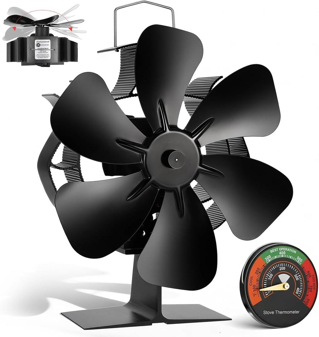 XTIMES Oscillating Wood Stove Fan Heat Powered Fireplace Fan with Magnetic Thermometer Thermoelectric Fan for Wood Burning Stove/Pellet/Log Burner