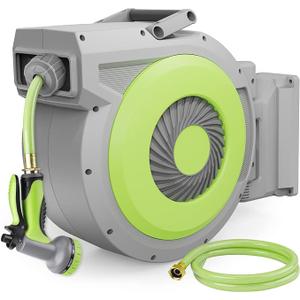 5/8" x 85 ft Retractable Garden Hose Reel, Wall Mount Retractable Water Hose with 10 Pattern Hose Nozzle, Any Length Lock/180° Swivel Automatic Hose Reels for Outside Garden Watering