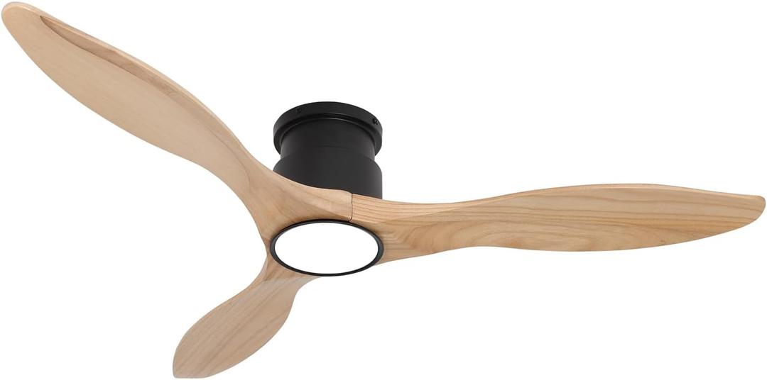 52'' Ceiling fan with light and remote - Solid Wood (Flush Mount - Natural wood - pointed)