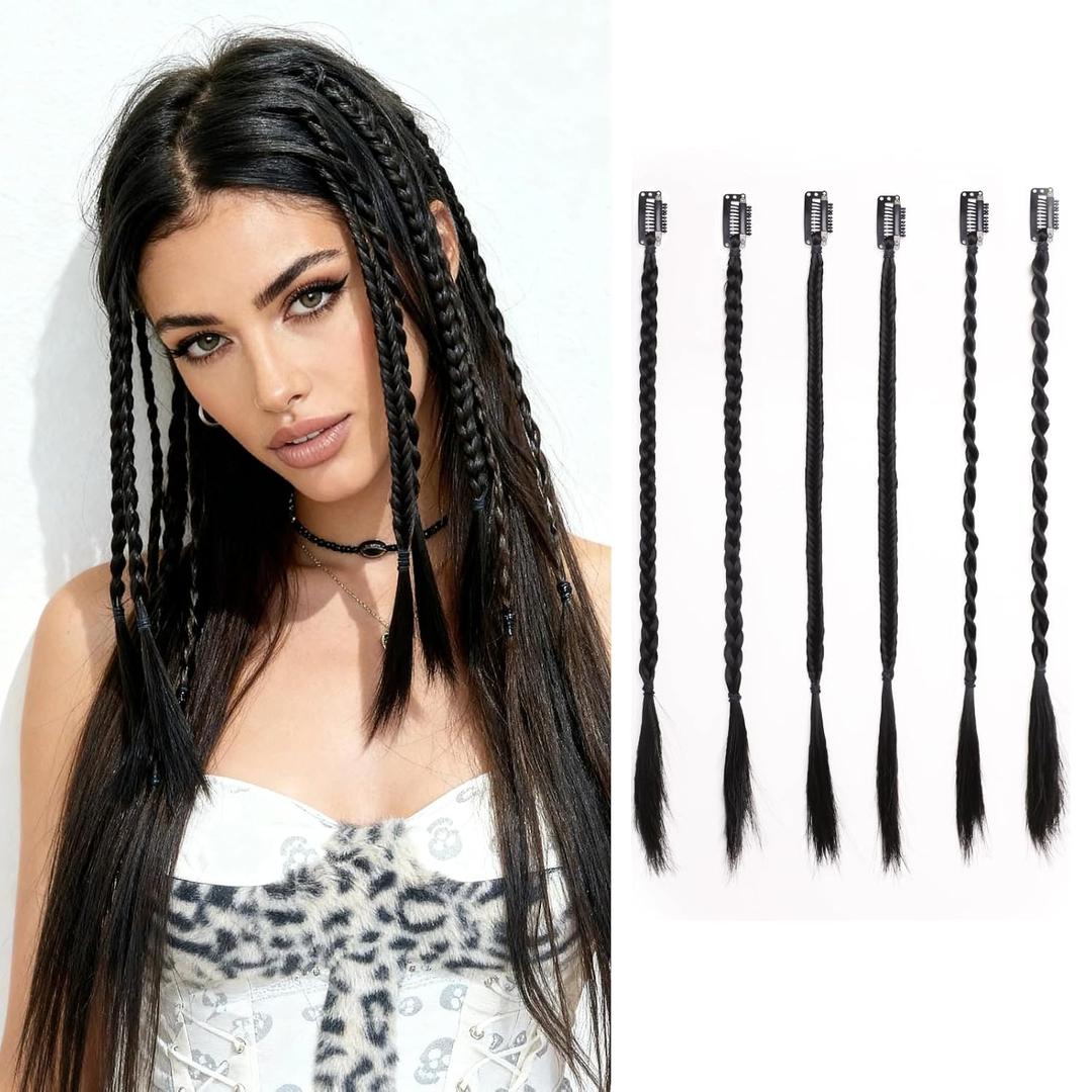 6 PCS Clip in Braid Hair Extensions for Braids 14'' Synthetic Braided Hair Pieces 3 Styles Faux Black Brown Hair Braid Extension Clip on Braids for Women Girls Daily Costume Party Use