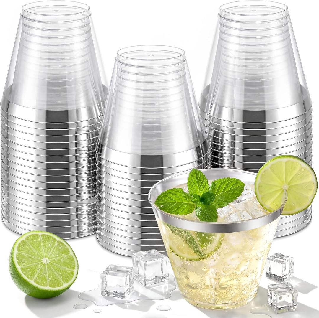 Nervure 120PCS Silver Plastic Cups - 9Oz Silver Rimmed Plastic Cups Heavy Duty Plastic Cup with Silver Rim Perfect for Weddings, Receptions & Parties, BPA-Free, 120, 9Oz Cups, Disposable Cups, Silver