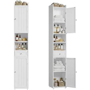 ChooChoo Bathroom Storage Cabinet with Adjustable Shelves, Tall Storage Cabinet with 2 Doors and 1 Drawer, Freestanding Cupboard for Small Spaces, White, 11.8 Inches Wide