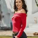 CSDAJIO Off The Shoulder Tops for Women Long Sleeve Ribbed Top Cross Wrap Going Out Shirt Fitted Tee (Red, S)