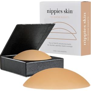 Nippies Non-Adhesive Bra Liner Nipple Covers for Women  Reusable Silicone No-Show Inserts with Travel Box (Size 2 (Fits D+ Cups), Caramel)