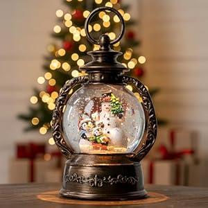 Christmas Snow Globe Lantern Water Glittering Snowman & Penguins with Music & Timer, USB Lined/ Battery Operated Lighted Lantern for Christmas Festival Decoration Gifts