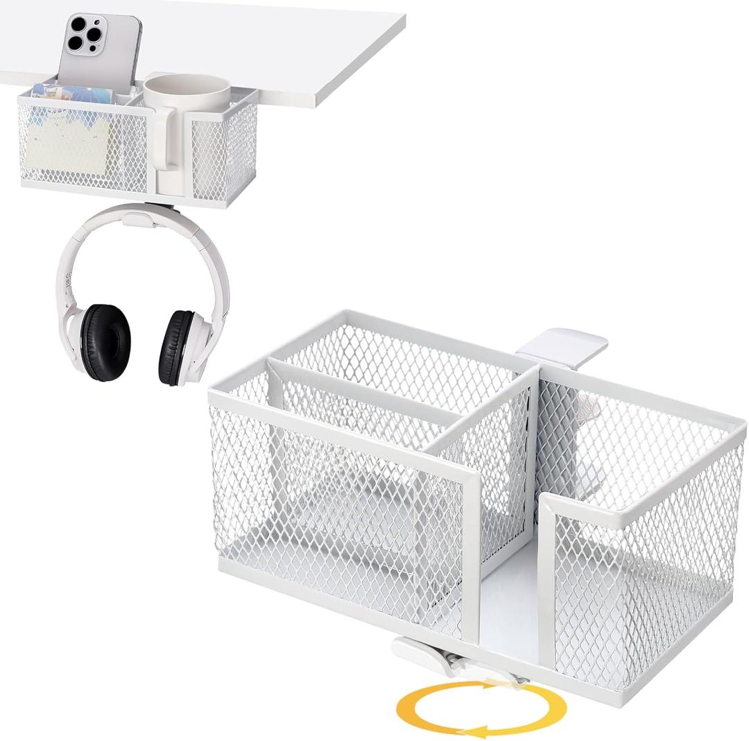 4 in 1 Metal Clip On Cup Holder Attachment for Gaming Desk or Table, Sturdy and Easy to Clamp, Attachable Anti-Spill Cup Holder for Salon Chair, Bedside, Water Bottles, Drinks, Headphones - White