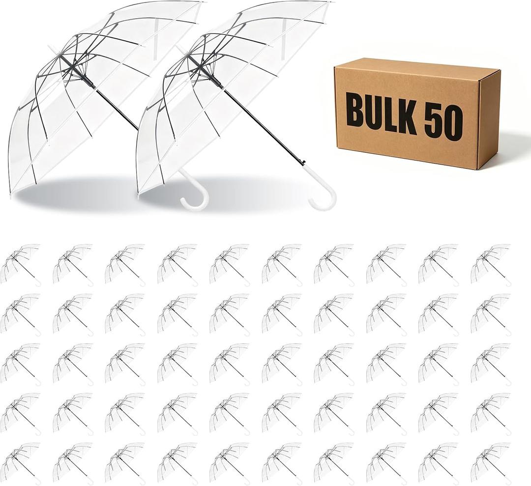 50 Pack Clear Wedding Umbrellas, Windproof Auto Open, 35.4-Inch POE Canopy