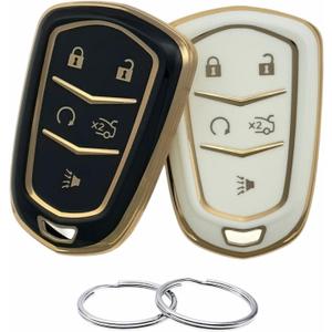 REPROTECTING TPU Key Fob Cover Compatible with (5 Buttons) 2014-2019 Cadillac ATS CT6 CTS Escalade Escalade ESV SRX XT5 XTS (Black/White)