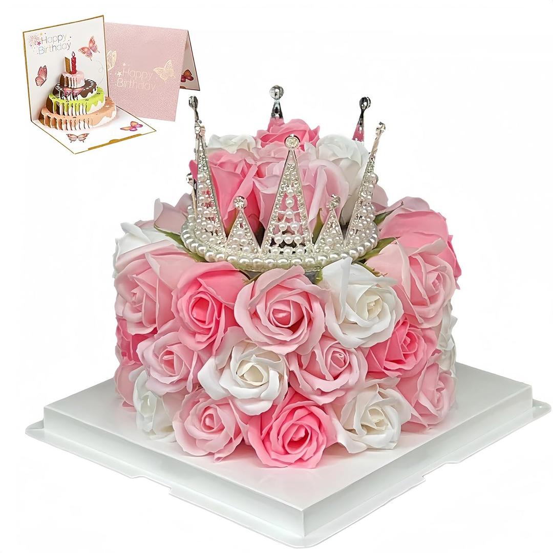 EIGHTOWN Forever Cake with Pink Preserved Flowers - Bouquet Preserved Roses for Women - Birthday Gift for Her with Crown (Pink)