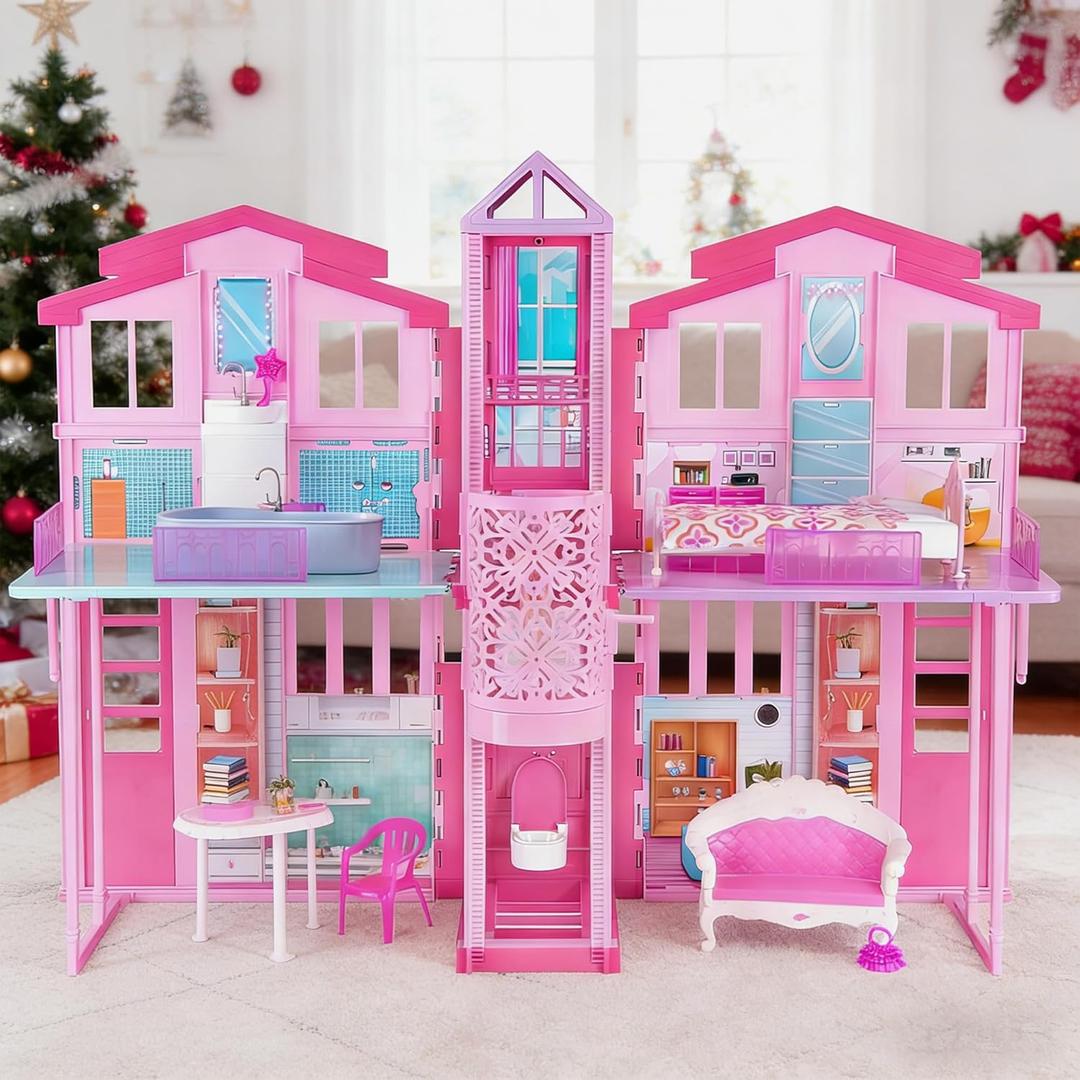 Dreamy Doll House, Dollhouse Playhouse with Large Rooms & Big Furnitures, Including Elevator, Foldable Dolls House Toys Gifts for Girls Kids Ages 3+