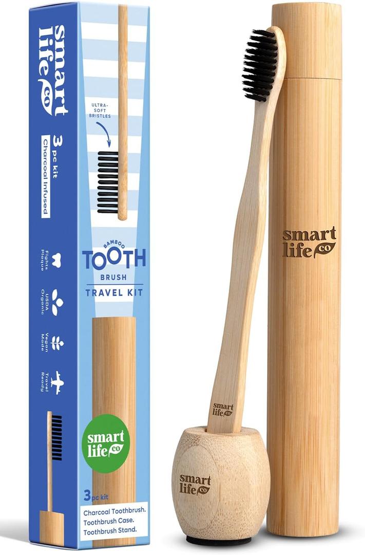 Bamboo Charcoal Toothbrush with Travel Case & Holder Kit - Extra Soft Natural Bristles for Sensitive Teeth | Eco Friendly Portable Wooden Travel Set | Single Wood Toothbrushes Stand & Cover (1 Count (Pack of 3))