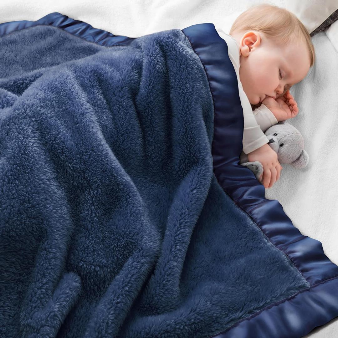 Pro Goleem Baby Boy Blanket, Fleece Baby Blankets for Boys with 2 Inch Satin Trim, Super Soft Plush Receiving Blanket for Infant Newborn, Cozy 30x40 Inch Stroller & Nursery Blanket,(Navy Blue)