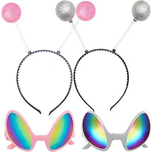 Poptrend 2 Pairs Alien Headband and Glasses,Alien Rainbow Lens Sunglasses,Headband Boppers Antenna for Adults and Kids (Pink+silver)