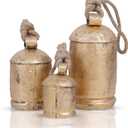 Krati Exports 3 Pc Giant Harmony Cow Bells Rustic Handmade Decorative Vintage Hanging Bells with Jute Rope (Gold Rustic, Large)