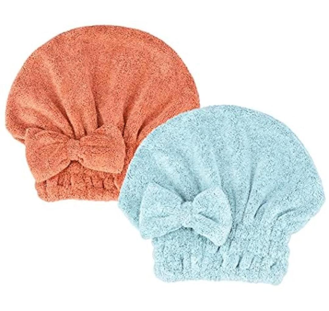 Microfiber Hair Drying Towels Head wrap with Bow-Knot Shower Cap Hair Turban hairWrap Bath Cap for Curly Long & Wet Hair Gift for Women (1salmonred+1seagreen)