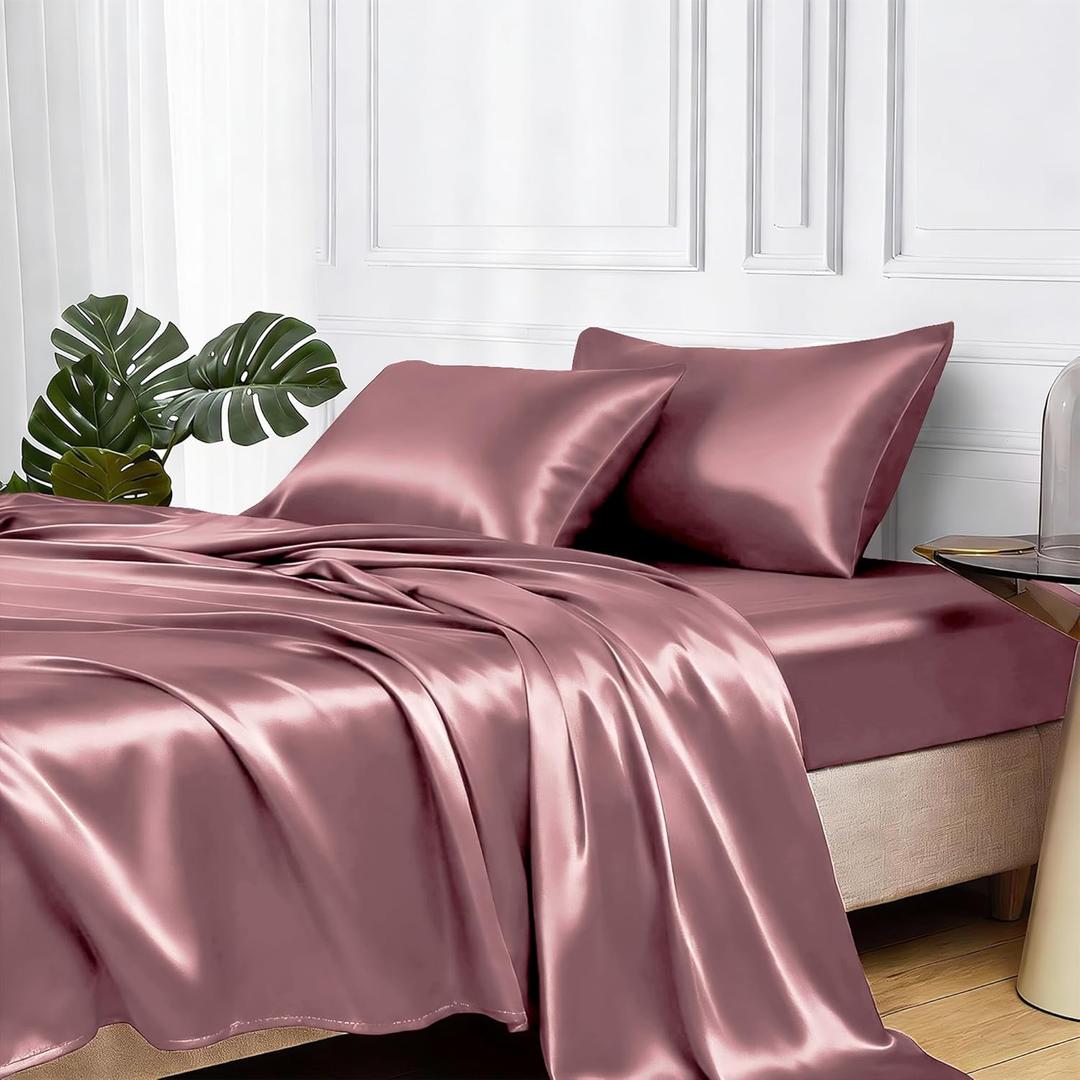 MR&HM Satin Bed Sheets, Full Size Sheets Set, 4 Pcs Silky Bedding Set with 15 Inches Deep Pocket for Mattress (Full, Rose Taupe)