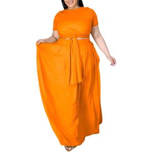 Ophestin Womens Plus Size 2 Piece Dress Outfits Solid Color Crop Top Maxi Skirts Set (XX-Large, Orange)