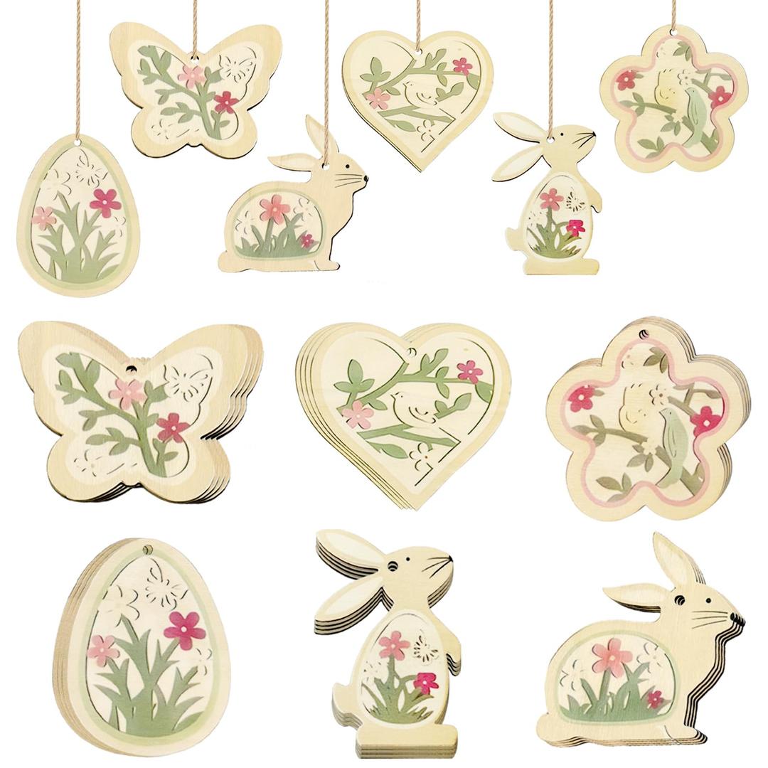 24PCS Easter Wooden Ornaments Double-Sided Wooden Hanging Easter Decorations with Jute Twine, Handcrafted Spring Ornaments for Home, Easter Tree, Egg Hunt, Party Decor (6 Designs) (Green)