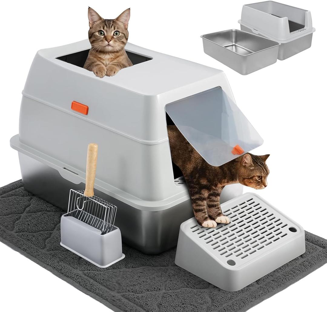 Stainless Steel Cat Litter Box, 4-in-1 Cat Metal Litter Box Set, Extra Large Top Entry Litter Box Enclosed, with Litter Mat, Litter Scoop, Light Grey (gray)