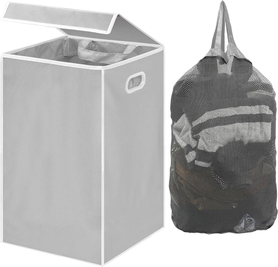 Simple Houseware Foldable Laundry Hamper Basket with Lid and Removable Bag, Gray (Grey) 13"L x 13"W x 22.75"H