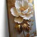 RDXLTOFO 3D Floral Canvas Wall Art White Flower Wall Decor with Gold Leaves Modern Abstract Botanical Painting for Living Room Bedroom Office Elegant Textured Artwork Ready to Hang 16x24 Inch