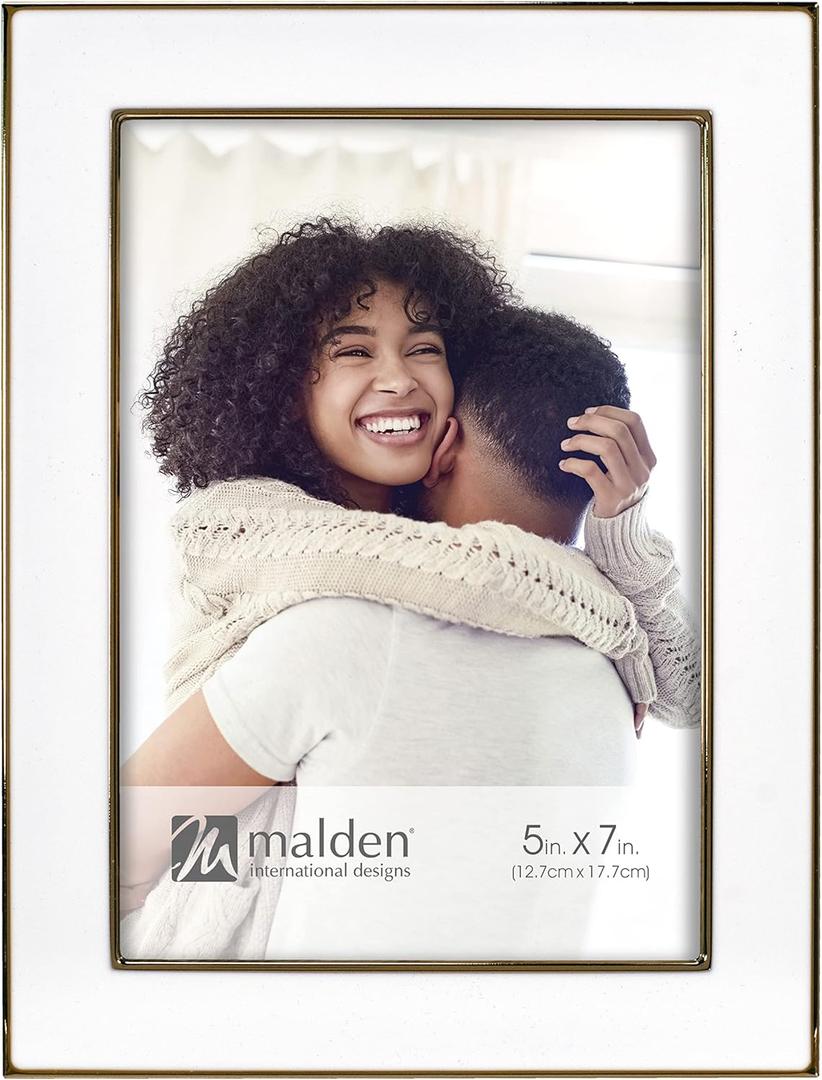 Malden International Designs 5x7 White Metal Picture Frame Shiny Gold Finish