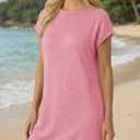 Wenrine Womens Summer Mini Dress Casual Knitted Short Cap Sleeve Boat Neck Loose Sweater Dresses (Pink)