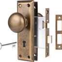 Mortise Lock Set for Interior Door, Vintage Door Knobs with Lock and Skeleton Key, Antique Brass Door Knobs for Old Style Doors