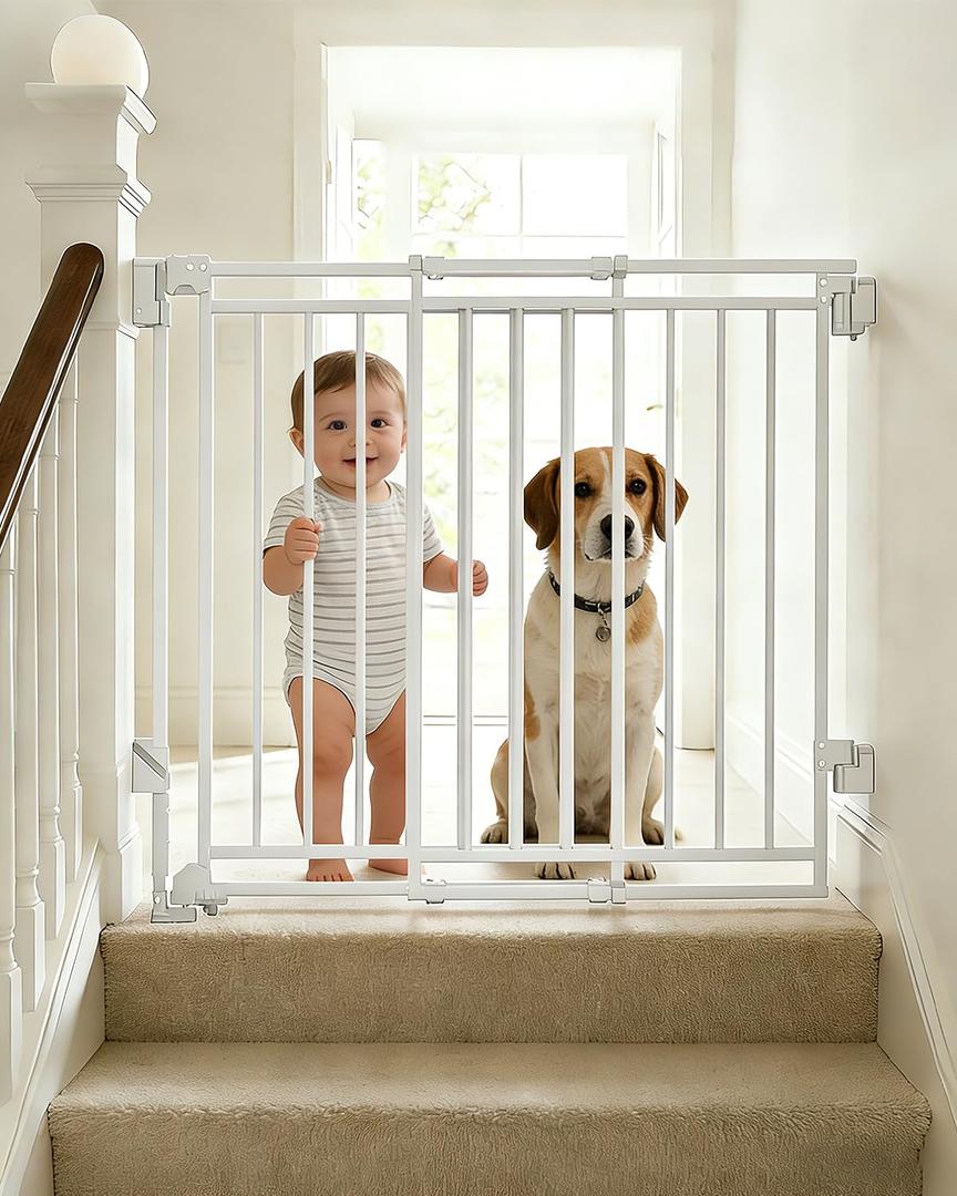 Baby Gate for Stairs & Doorways - Fits Openings 26 to 43 Inches Wide (Must Drill to Install) | 29" Extra Tall with No Bottom Bar | One-Handed Auto-Close Walk-Thru Gate for Kids & Pets, White