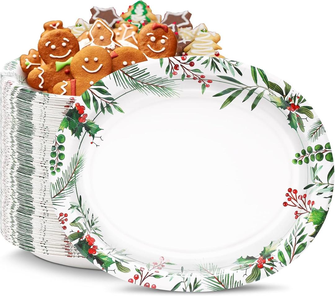 50 Count Oval Christmas Plates, 12"x10" Heavy Duty Paper Plates with Holly Leaves Red Berries for Xmas Holiday Wedding Green and Red Party Supplies Decor