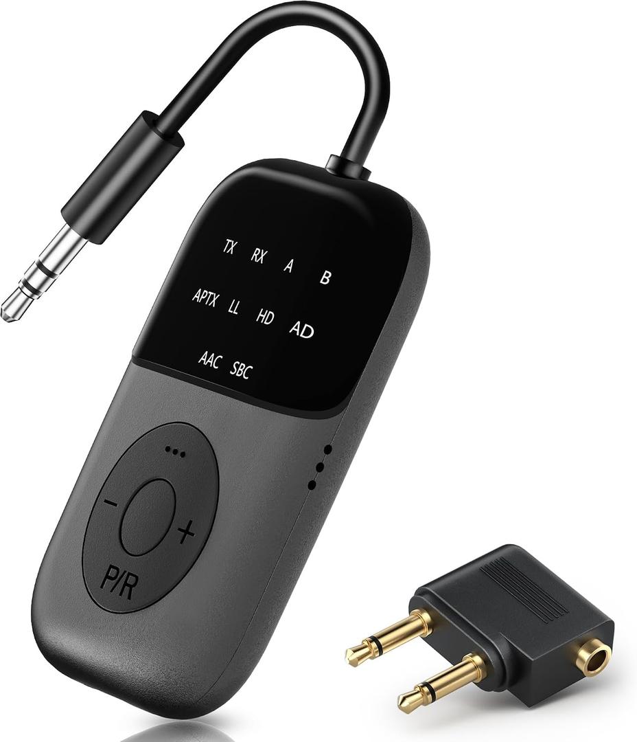 Bluetooth 5.4 Transmitter Receiver, 2-in-1 Airplane Bluetooth Adapter, Dual Headphones & 24H Battery Life for TV, Airplane, Car, Tablets, Wireless TV Headpset, Compatible with AirPods & aptX