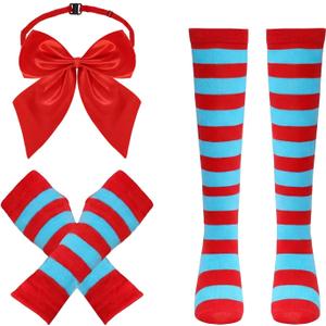 Gvhntk Striped Knee Calf High Socks Fingerless Gloves Red and White Socks Bow Calf High Stockings Long Tube Socks Women (Red)