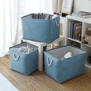 3Packs Closet Storage Bins, Extra Large Canvas Cloth Storage Bins Shelf Fabric Storage Basket with Drawstring Closure Collapsible Organizing Baskets for Playroom Yarn Towels Dog Cats Baby Toys (BLUE)