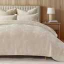 EVERGRACE Velvet Quilt Set King Size, Luxurious Soft Quilted Bedding Sets, Lightweight Velvet Comforter for All Season, Striped Channel Bedspread Coverlet with 2 Shams, 104" x 92", Ivory Sand