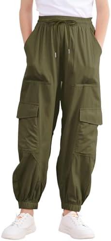 LIFAky Girls Cargo Pants Baggy Joggers Lightweight Elastic Waist Drawstring with Pockets Casual Travel Hiking Streetwear Size 13-14