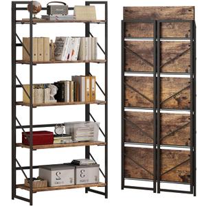 JSB No Assembly Folding Bookshelf, 5 Tier Industrial Metal Book Shelf for Storage, Vintage Wood Foldable Bookcase for Living Room, Bedroom, Office Organization Shelves (Fire Brown)