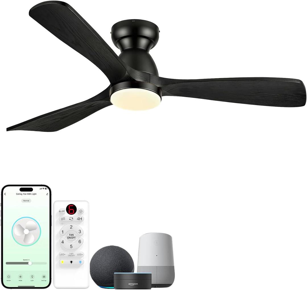 52in Smart Flush Mount Ceiling Fans with Lights,Outdoor Low Profile Wood Ceiling Fan Quiet DC Motor,Work with Alexa/Gg Voice Control/App/Remote,Dimmable,6-speed, Easy Install for Patio,Porch,Black