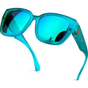 SIPHEW Mirrored Sunglasses Polarized Fit Over Glasses for Women - Trendy Large Square w UV400 Protection Sun Glasses (A17 Matte Green Over Glasses)