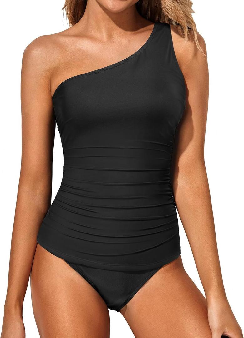 Tempt Me Two Piece Tankini Set Swimsuits for Women Tummy Control Bathing Suit One Shoulder Swimwear with Bikini Bottoms (X-Small, Black)