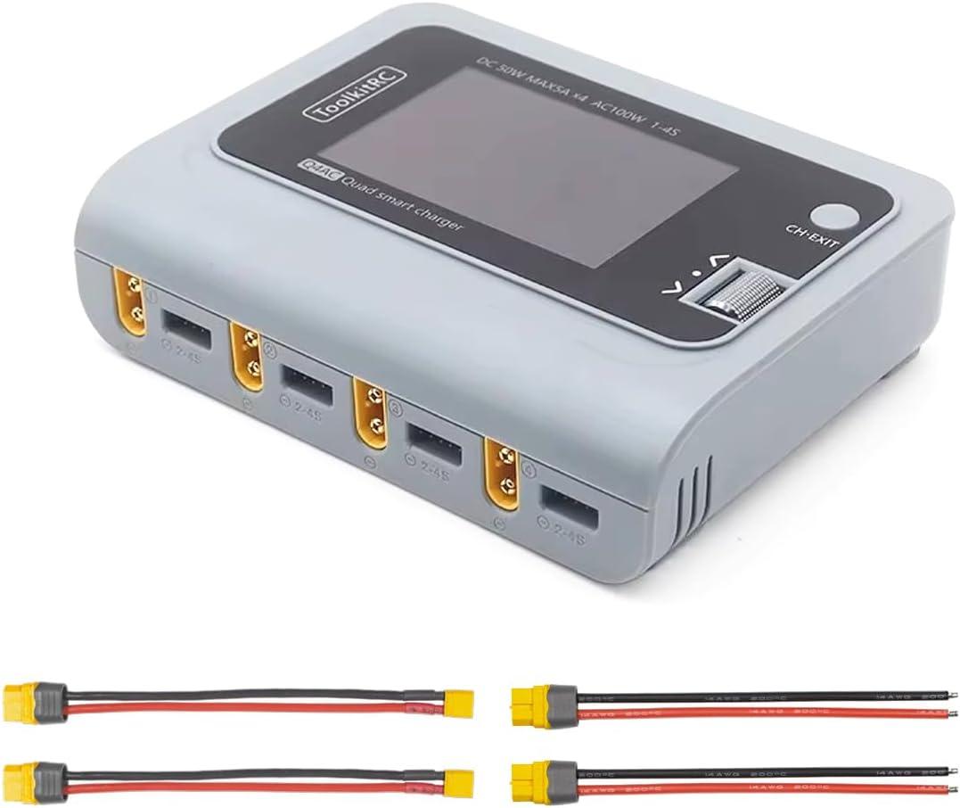 ToolkitRC Q4AC RC Battery Charger 4x50W 4 Ports 1-4S Lipo AC DC Smart Charger XT60 with XT30 Adapters for RC Battery Balance Charger