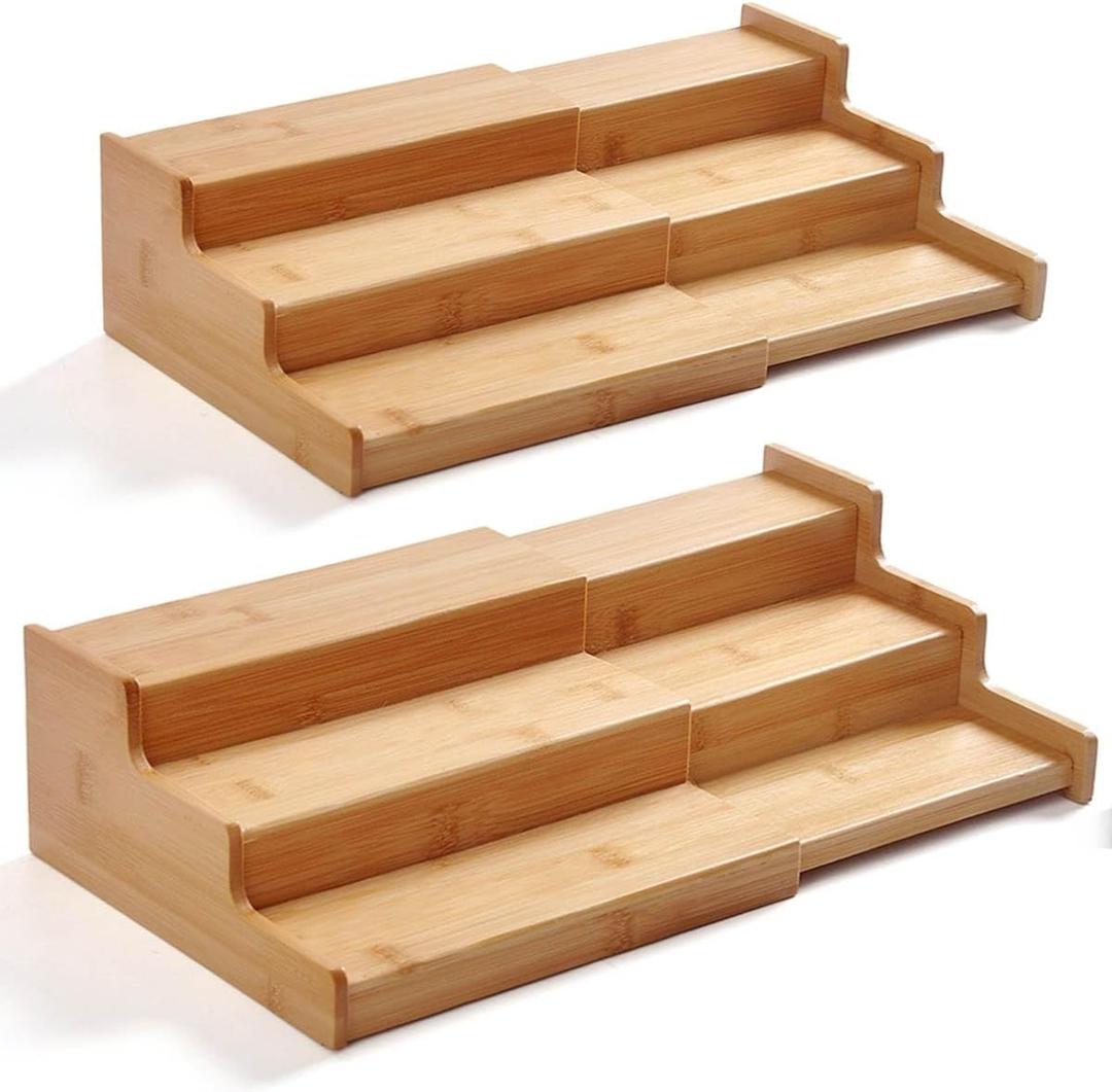 JinDoWin 2 Pack Bamboo Spice Organization for Cabinet, Cabinet Spice Organizer, 3-Tier Spice Rack Organizer for Cabinet, Kitchen Seasoning Organizer & Seasoning Rack (Brown)