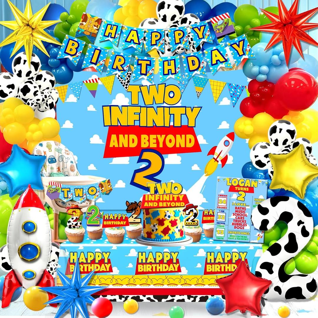 125pcs Two Infinity and Beyond Birthday Decorations, Cartoon Story 2nd Birthday Party Supplies, Balloons Backdrop Banner Tablecloth Cake Topper for 2 Infinity and Beyond Bday Decor (Blue)