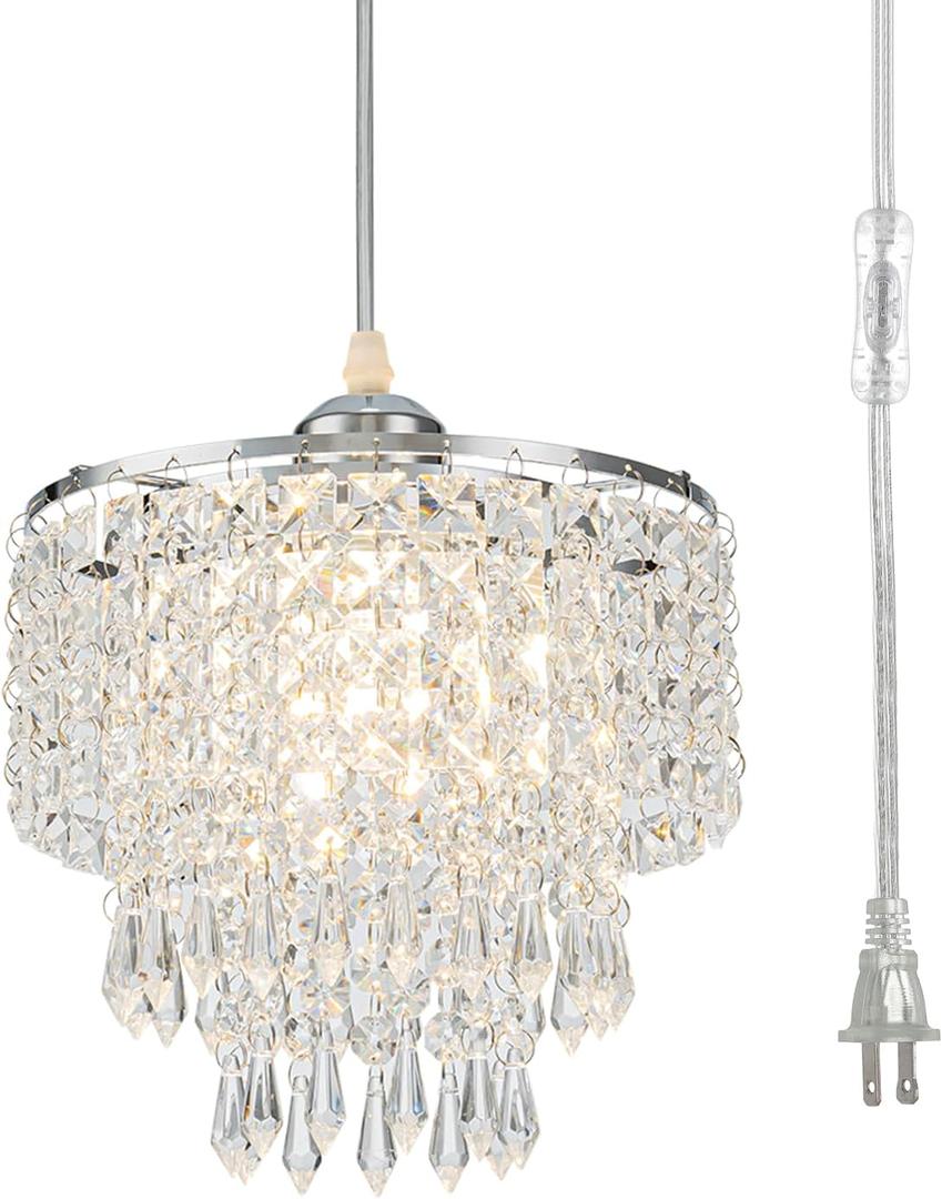 8" Hanging Lamp Plug in Chandelier Hanging Lights with Plug in Cord Pendant Light Plug in with 16.4ft Cord for Bedroom Kitchen Island Hallway Bathroom Closet (Chrome)