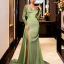 Mermaid Satin Prom Dresses for Women 2026 Long Sleeve Sequin Formal Dress Sparkly Evening Party Gowns with Slit (Green)