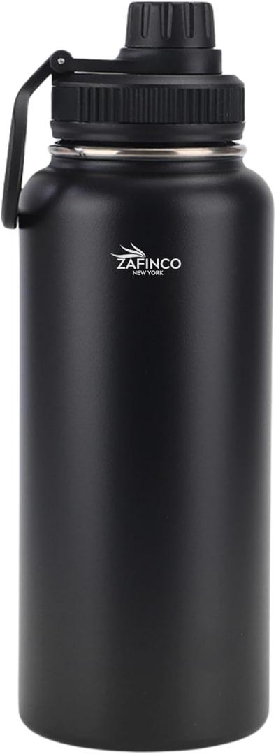 Sports and camping Hydration Flask with 3 Lids - Double Walled & Vacuum Insulated Water Bottle - Stainless Steel, Leak Proof & BPA Free (BLACK-32 oz) (BLACK)