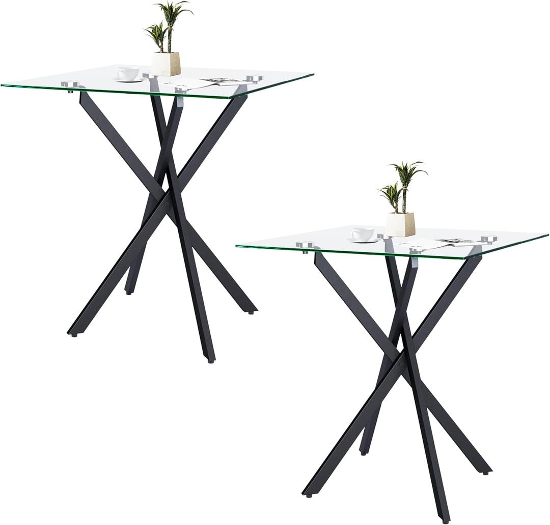 Small Side Coffee Table Set of 2 with Metal Legs, Tempered Glass Square Modern End Table for Living Room Sofa Home Office (2 Pieces, Black, 20"20"22")