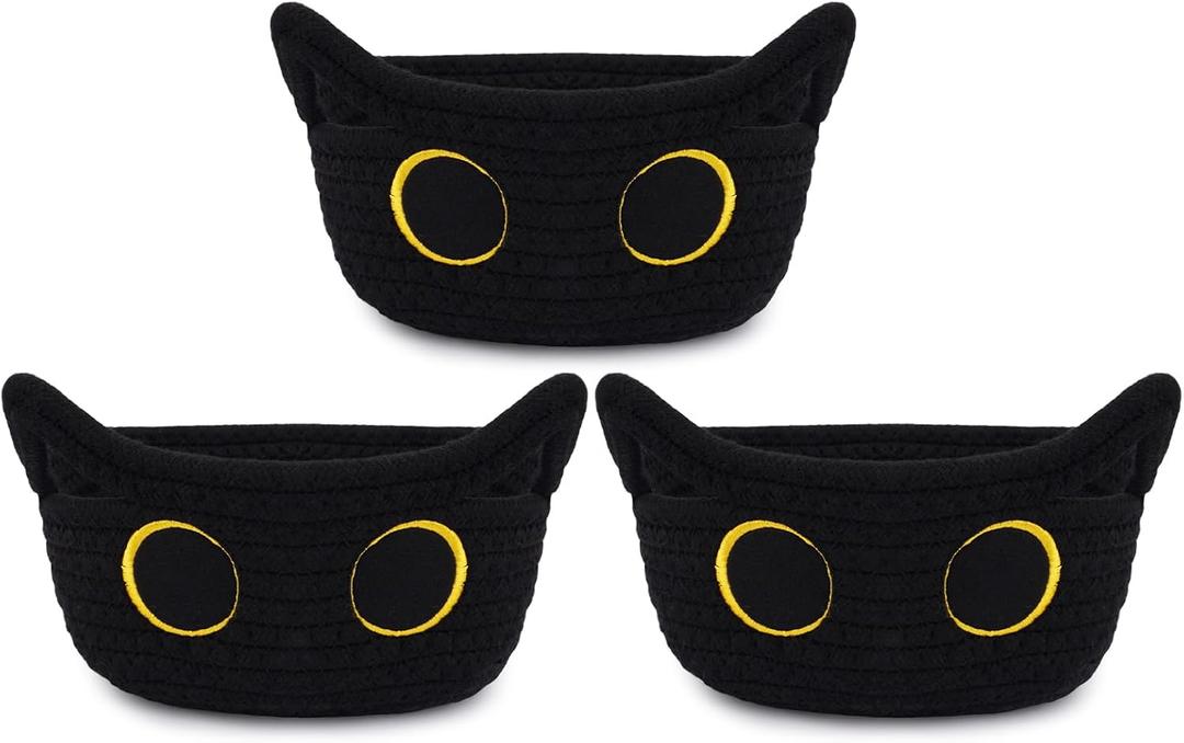 3 Pack Small Black Cat Storage Baskets for Organizing,Woven Decorative Gift Basket, Nursery Shelves Rope Cotton Storage Bins for Gifts Empty, Mini Burr Baby Shower with Handles,7 IN