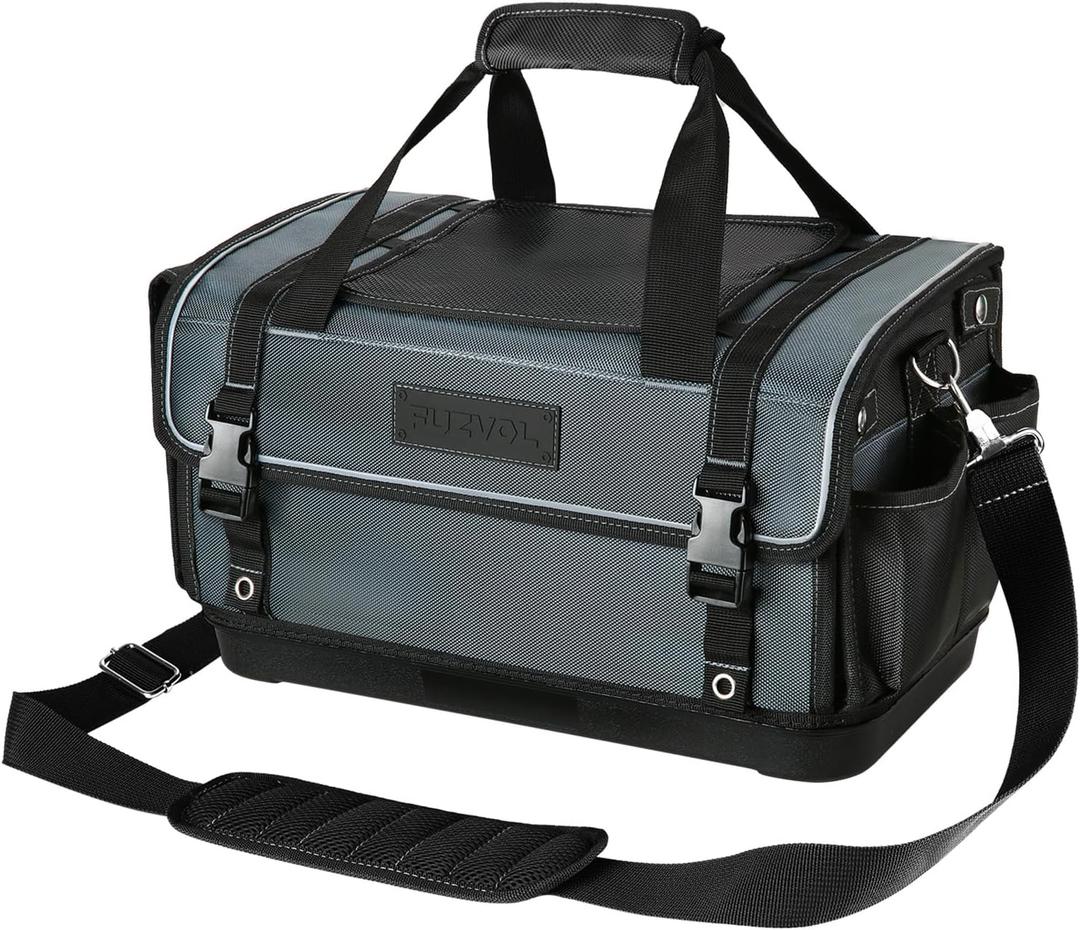 Heavy Duty Tool Bag with Wide Mouth, Full-Open Tool Bag, Tool Box Organizer Storage, Tool Tote with Adjustable Shoulder Strap, Portable, Waterproof, Multi-Pockets, Molded Base, Blue-grey
